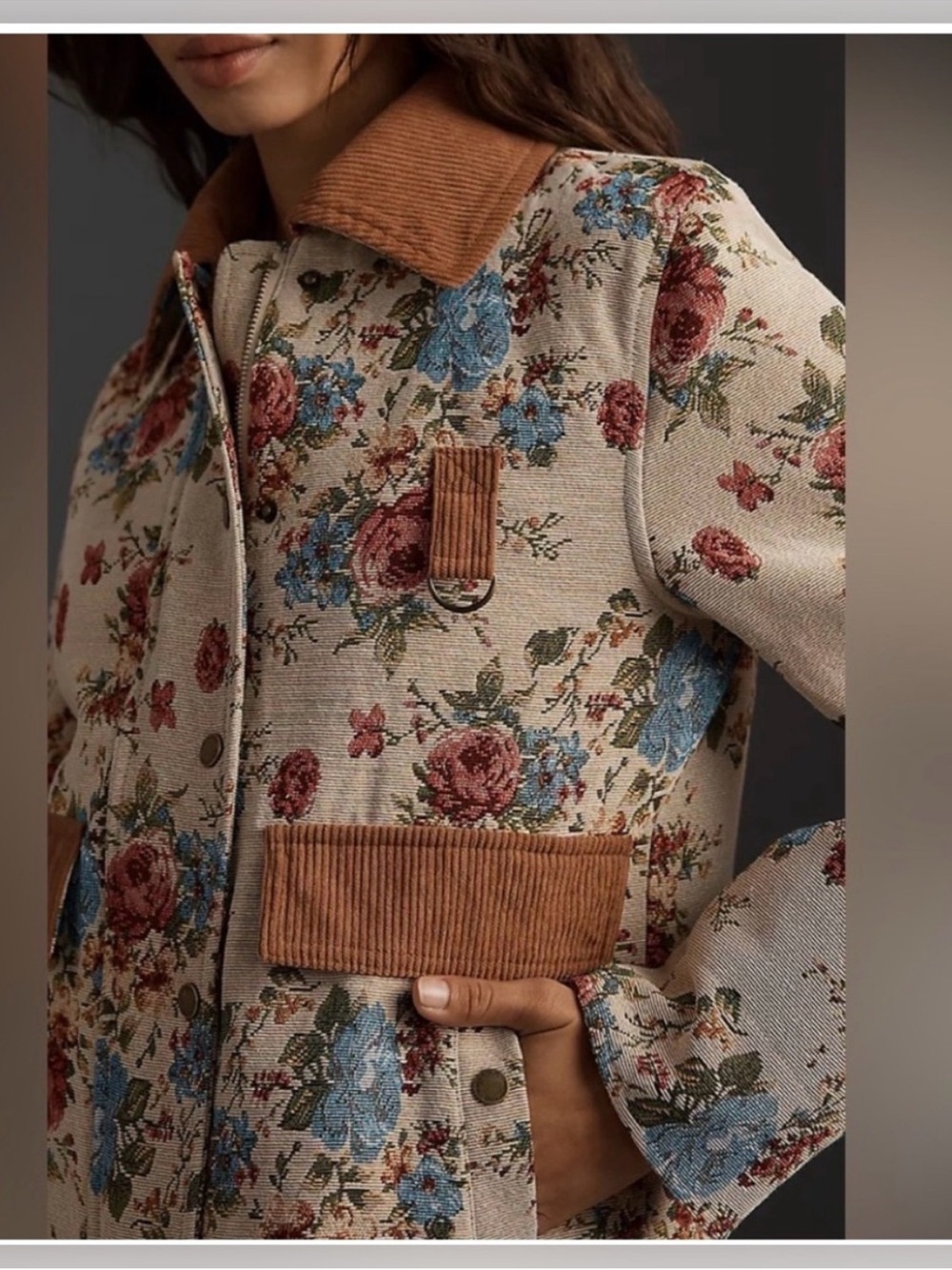 Avec Les Filles Beige Floral Utility Jacket with Rust Corduroy Trim S - Picture 6 of 10